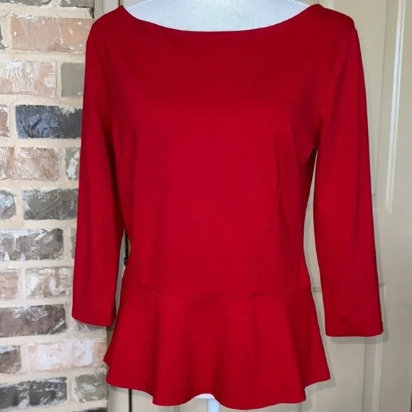 Ann Taylor Perfect Red Peplum Top Knit Pullover Fitted Stretch 3/4 Sleeve Sz M - Picture 12 of 12